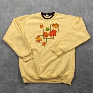 PFI Double Crew Neck Leaf's Fleece Pullover Sweatshirt Women's Size L Yellow